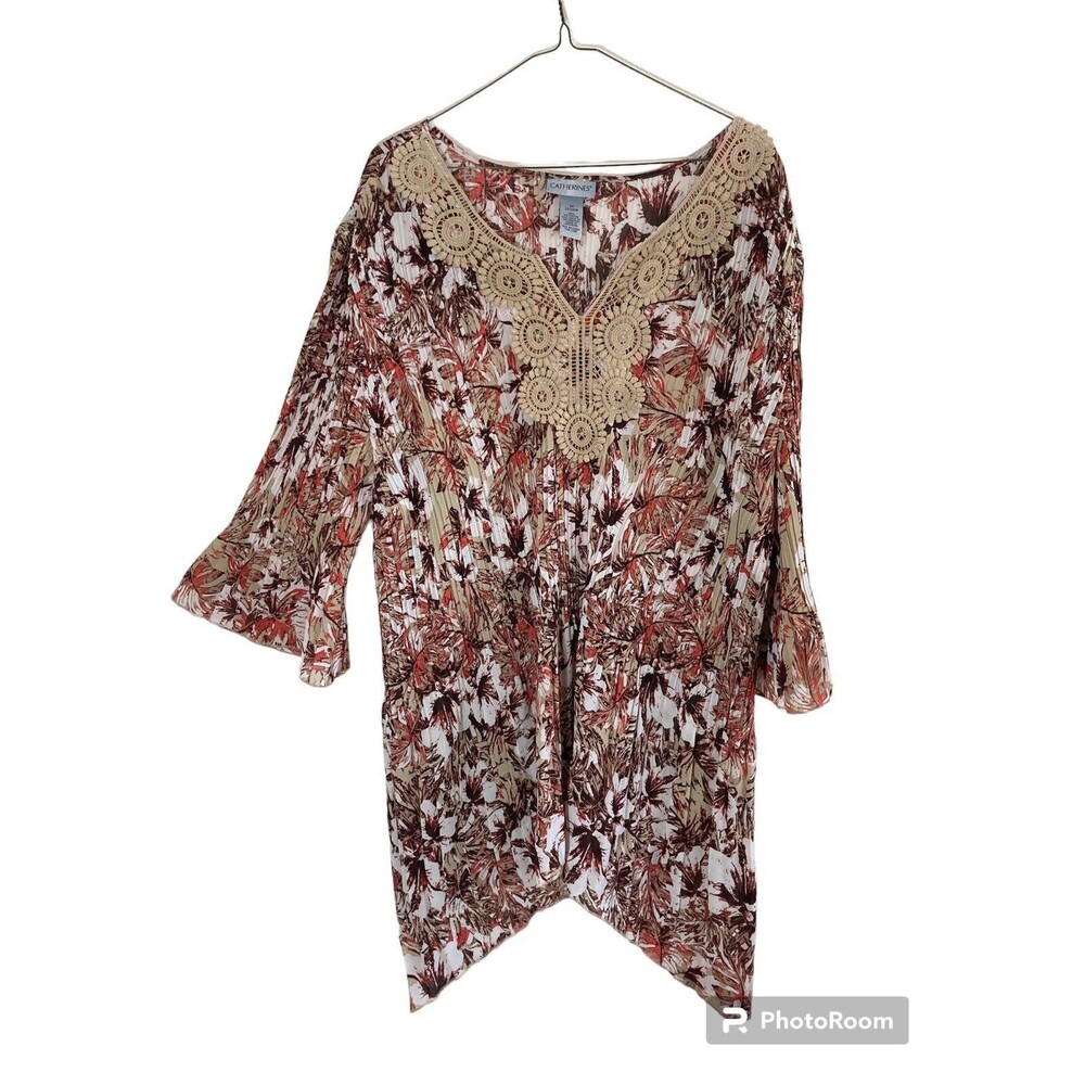 Catherine’s Womens Blouse 2X Tunic Top Crochet V Neck Floral Chiffon Flowy Fairy